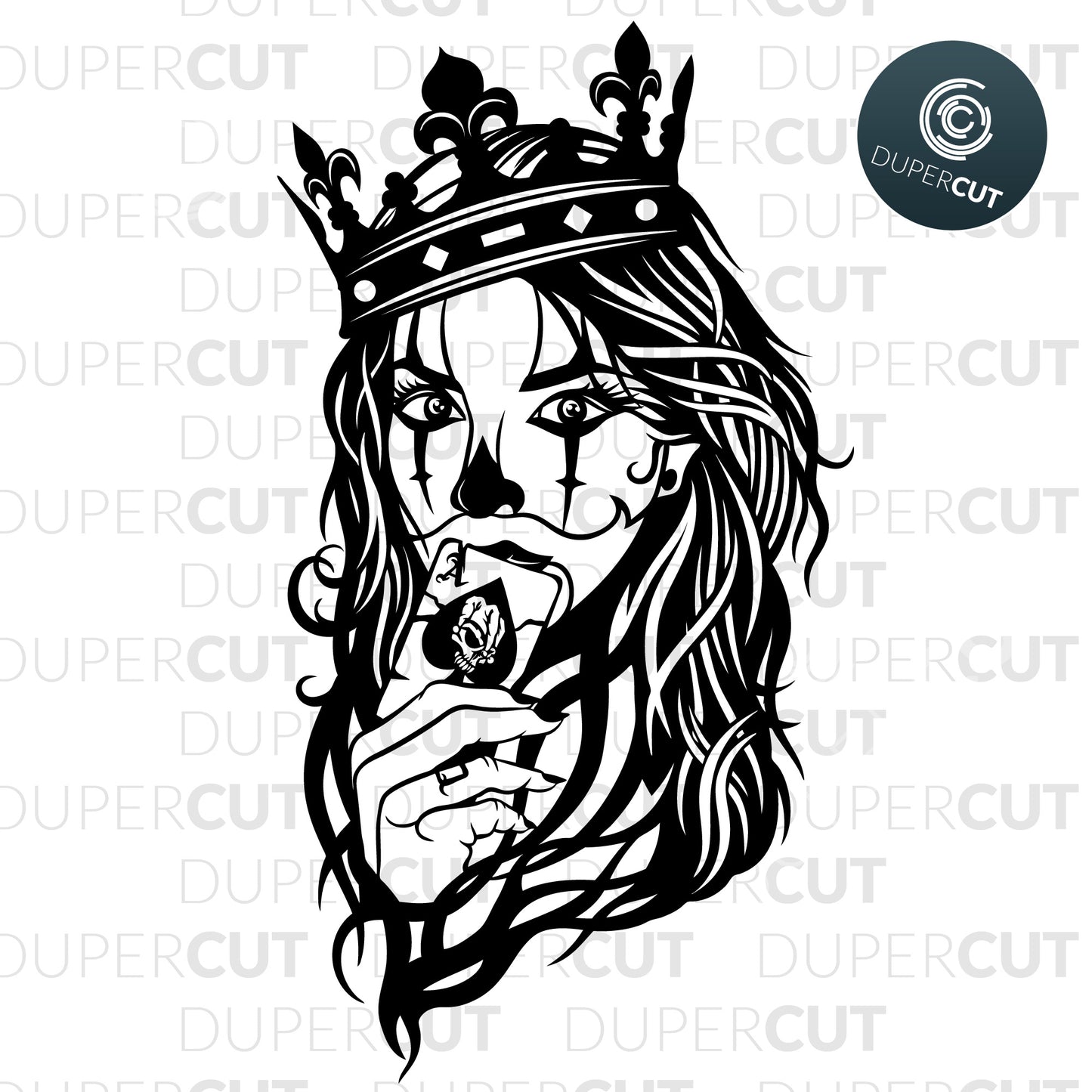 Paper cutting Template - Girl with joker card - Queen Tattoo Style