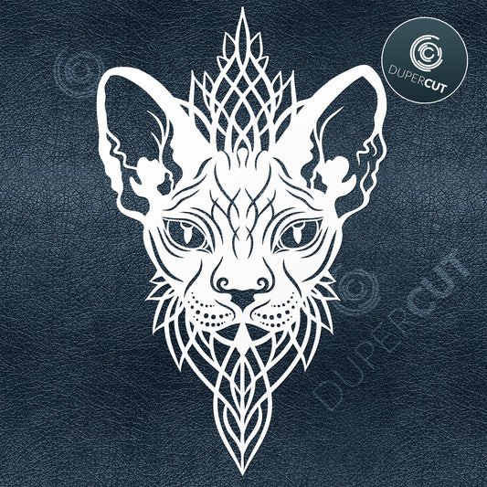 Sphynx cat, tattoo style papercutting template - SVG DXF PNG files for Cricut, Glowforge, Silhouette Cameo, CNC Machines