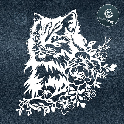 Paper cutting Template - Cat with flower bouquet