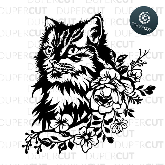 Paper cutting Template - Cat with Roses - Floral