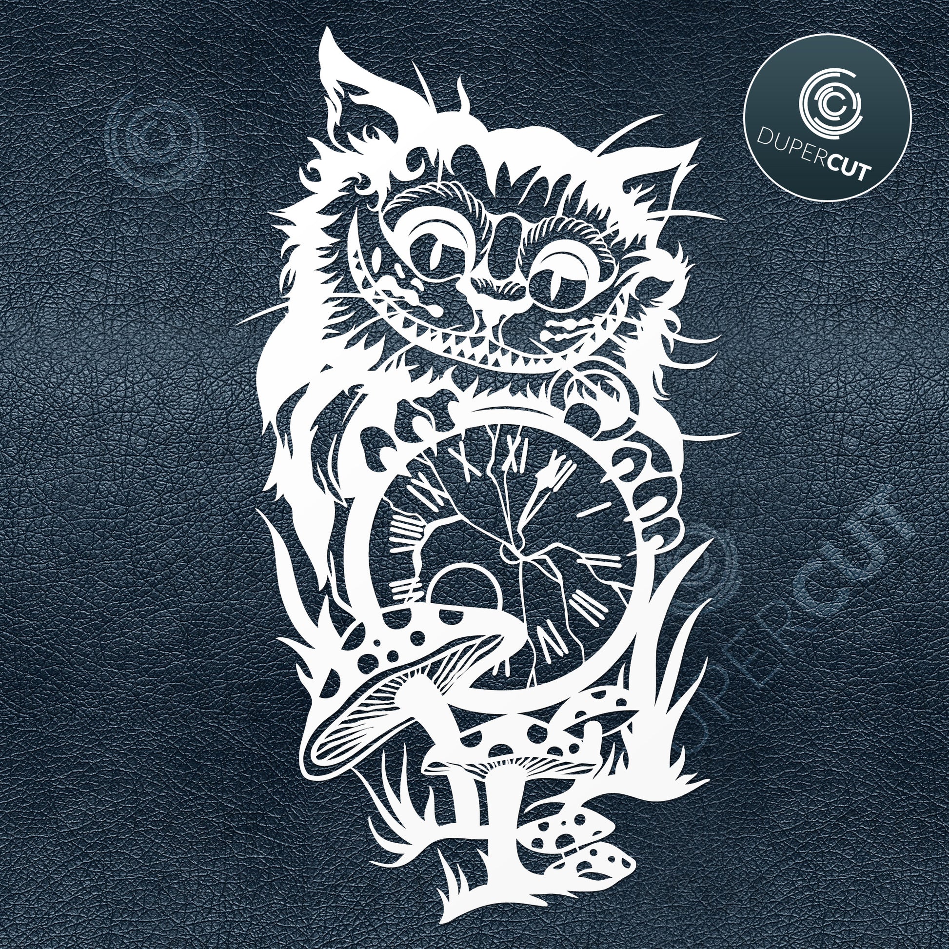 Papercutting Template - Cheshire Cat with Clock illustration