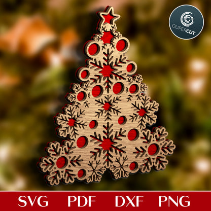 Commercial use ornaments - Snowflake Christmas tree - layered vector cutting template - SVG PDF DXF files for laser cutting machines, Glowforge, Cricut, Silhouette Cameo