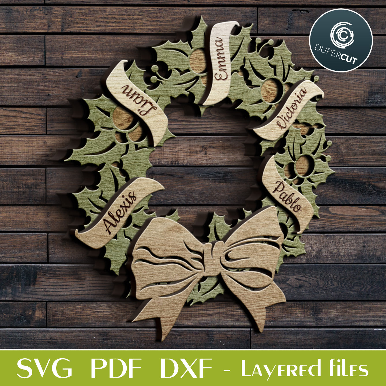 Christmas wreath pattern - add custom text  - SVG DXF layered cutting files for Glowforge, Cricut, scroll saw, CNC plasma machines by DuperCut.com