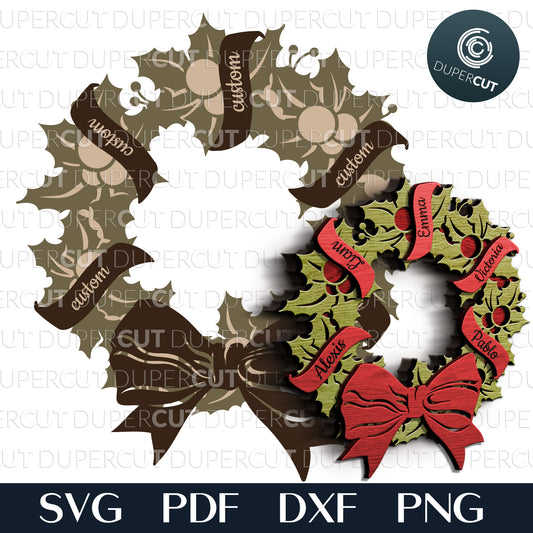 Personalized Christmas wreath - SVG PDF DXF layered files for laser cutting and engraving. Use with Glowforge, Cricut, Silhouette Cameo, CNC plasma machines