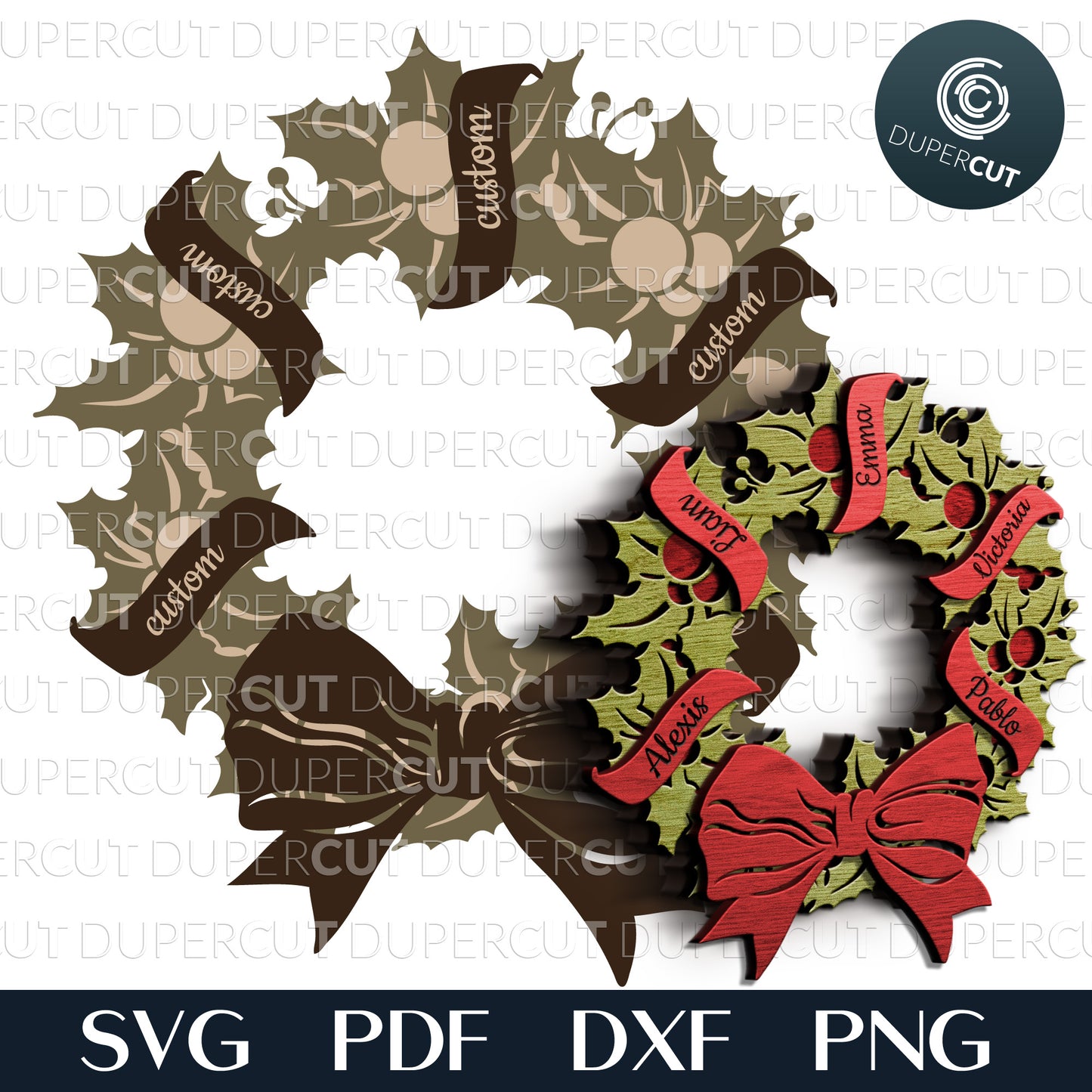 Christmas poinsettia wreath door hanger pattern - SVG DXF layered cutting files for Glowforge, Cricut, scroll saw, CNC plasma machines by DuperCut.com
