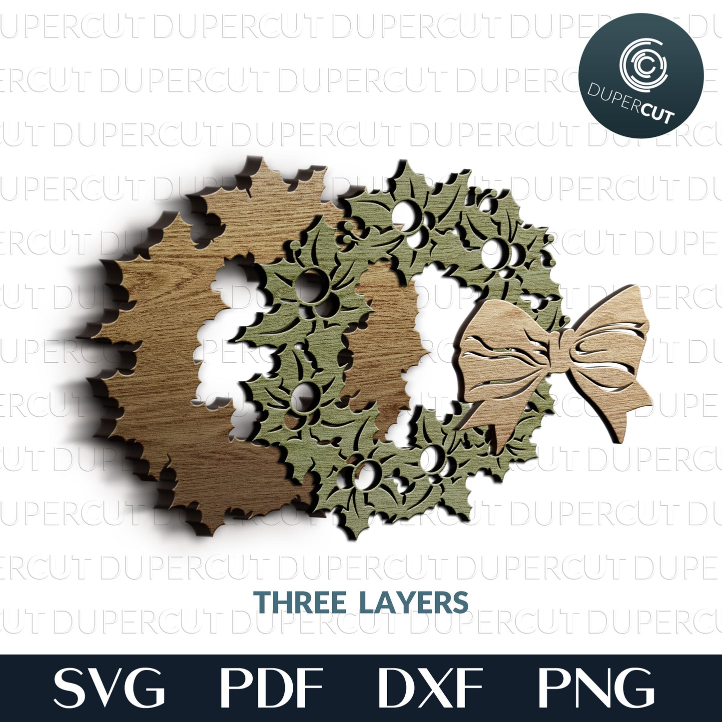 Holiday wreath pattern - add custom names- SVG DXF layered cutting files for Glowforge, Cricut, scroll saw, CNC plasma machines by DuperCut.com