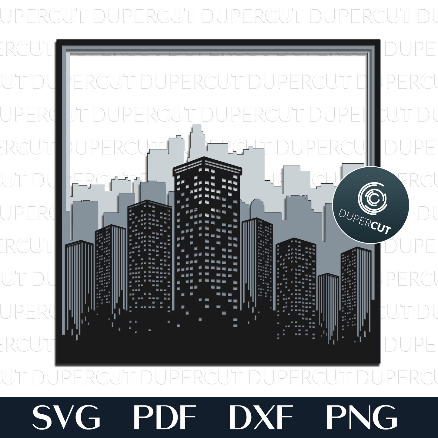 City skyline DIY office wall decoration - layered cutting files - SVG PDF DXF vector template for Glowforge, Cricut, Silhouette Cameo, CNC plasma laser machines by DuperCut