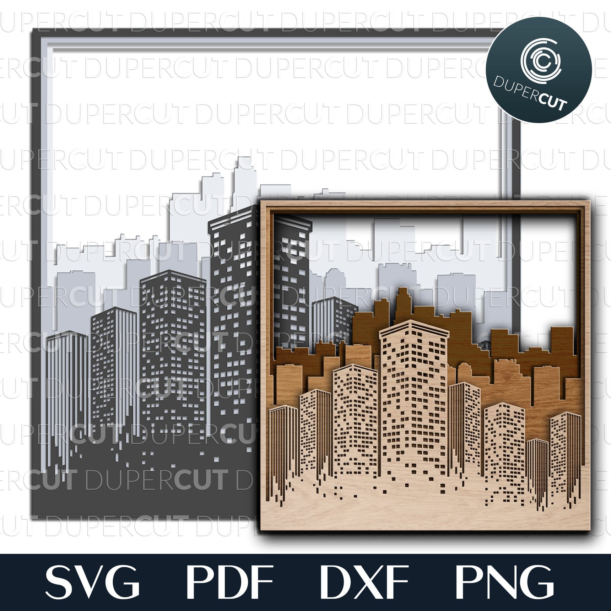City skyline silhouette - layered cutting files - SVG PDF DXF vector template for Glowforge, Cricut, Silhouette Cameo, CNC plasma laser machines by DuperCut