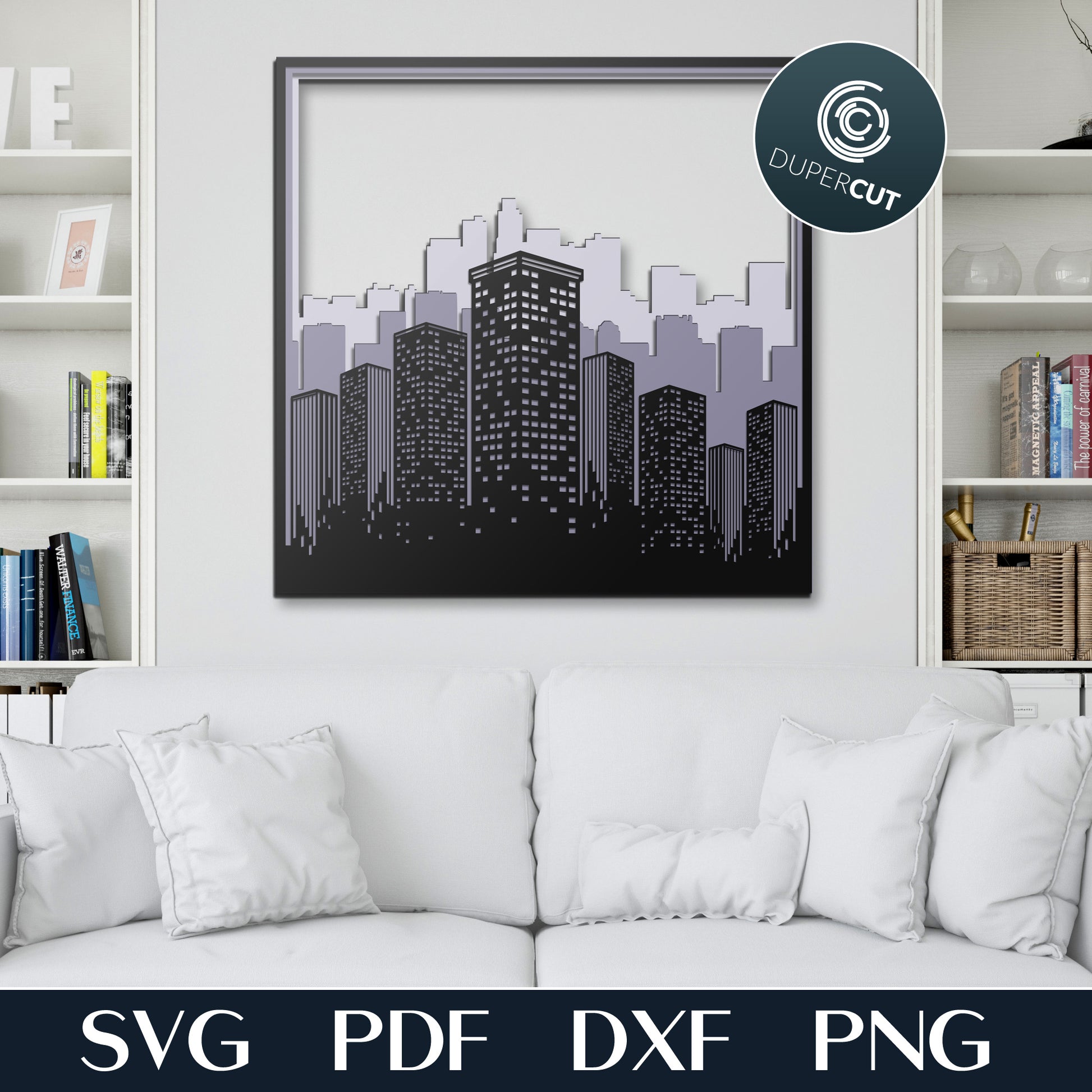 City skyline DIY office wall decoration - layered cutting files - SVG PDF DXF vector template for Glowforge, Cricut, Silhouette Cameo, CNC plasma laser machines by DuperCut