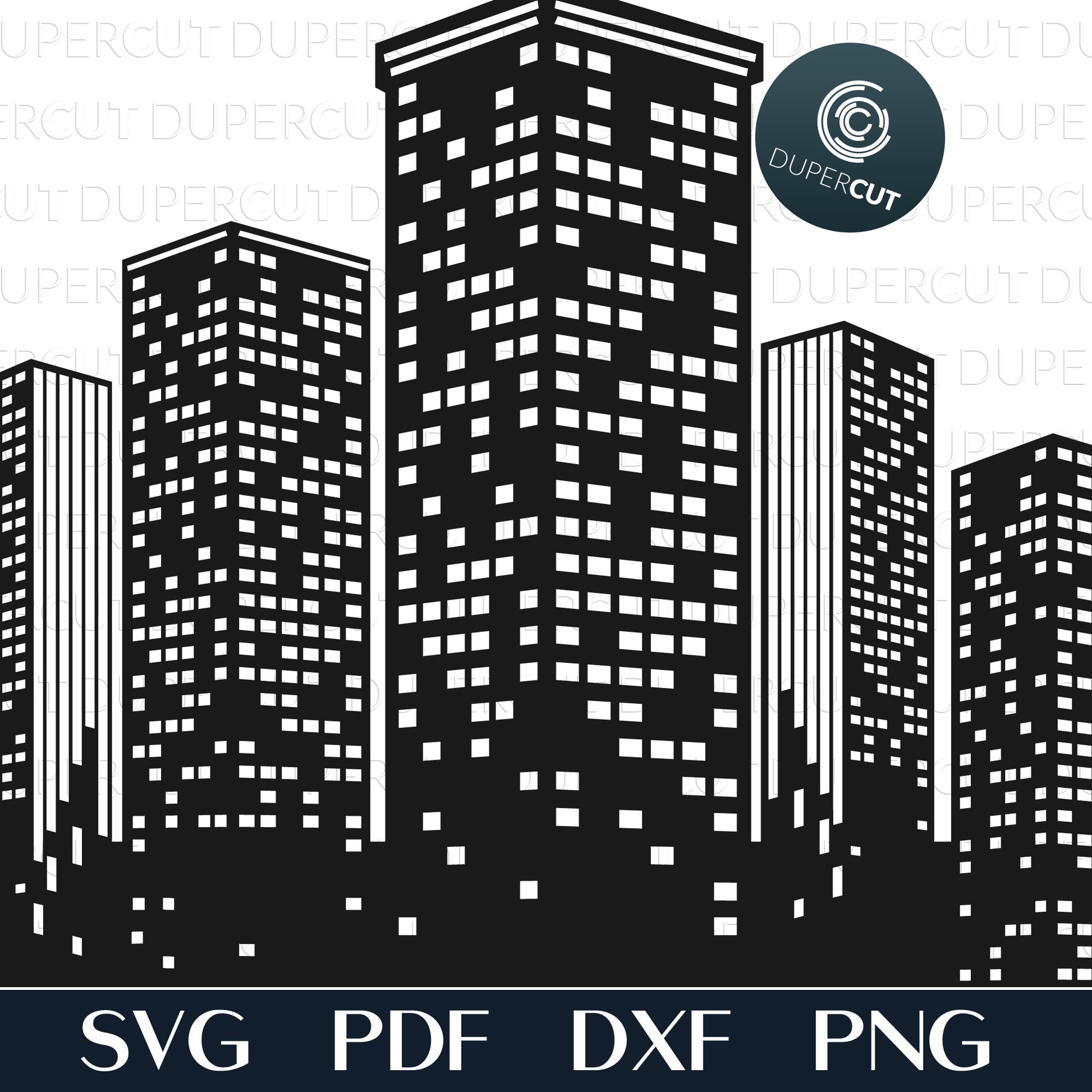 Night City skyline silhouette - layered cutting files - SVG PDF DXF vector template for Glowforge, Cricut, Silhouette Cameo, CNC plasma laser machines by DuperCut