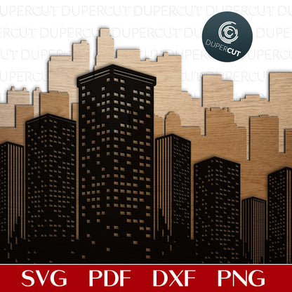 City skyline multi-layer cutting files - SVG PDF DXF vector template for Glowforge, Cricut, Silhouette Cameo, CNC plasma laser machines by DuperCut