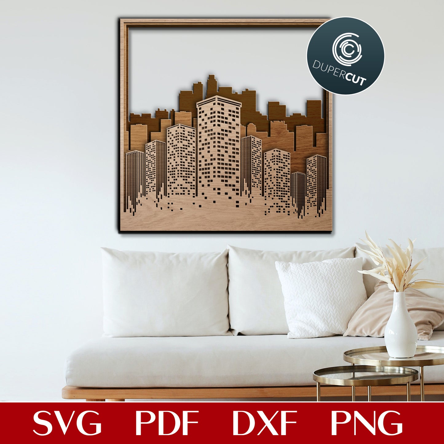 City skyline DIY office decoration - layered cutting files - SVG PDF DXF vector template for Glowforge, Cricut, Silhouette Cameo, CNC plasma laser machines by DuperCut