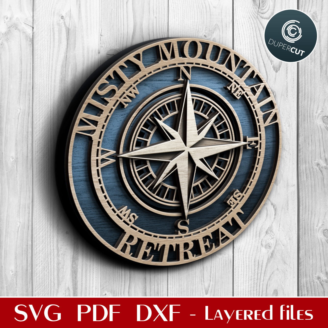 Compass layered cutting files - personalized template with editable text - SVG PDF DXF vector files for Cricut, Silhouette Cameo, Glowforge, CNC plasma machines