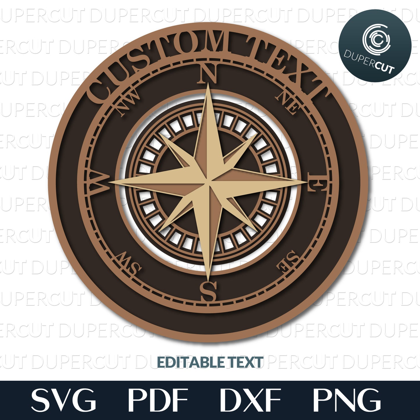 Layered compass with custom text, SVG PNG DXF files for cutting, laser engraving, scrapbooking. For use with Cricut, Glowforge, Silhouette, CNC machines.