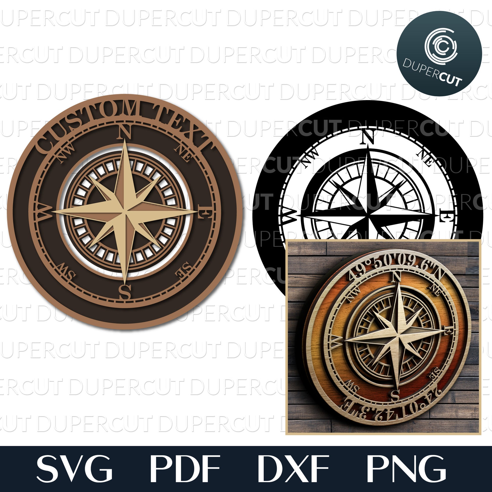 Compass layered files with custom coordinates, SVG PNG DXF files for cutting, laser engraving, scrapbooking. For use with Cricut, Glowforge, Silhouette, CNC machines.