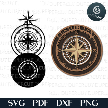 Editable text, custom coordinates Compass layered files, SVG EPS DXF files for cutting, laser engraving, scrapbooking. For use with Cricut, Glowforge, Silhouette, CNC machines.