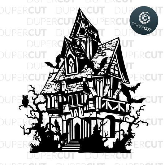 Paper cutting template - Halloween House with Bats - Silhouette