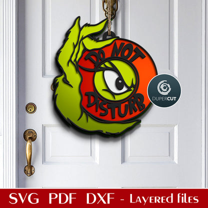 Go away funny Grinch door sign - layered template. SVG DXF vector files for laser cutting Glowforge, Cricut, CNC plasma machines, scroll saw pattern by DuperCut