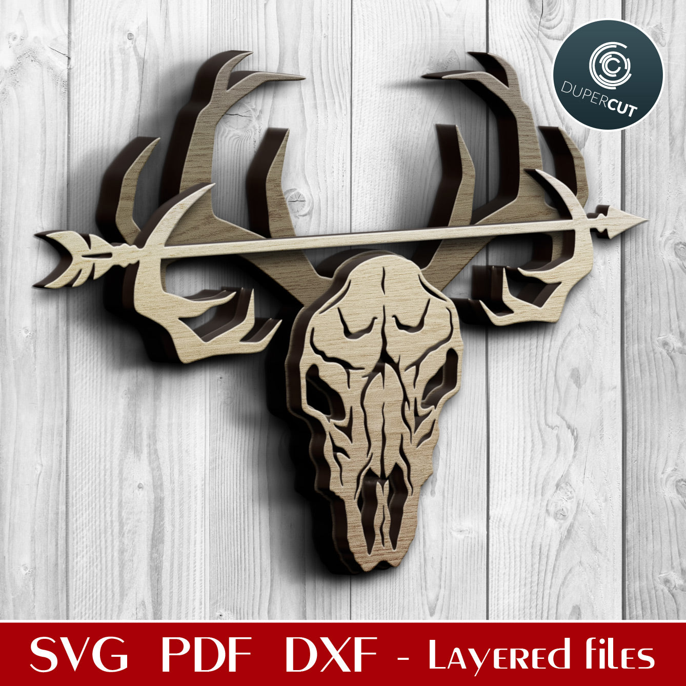 Hunting design Deer Skull layered cutting files SVG PDF DXF template for Glowforge, Cricut, Silhouette Cameo, CNC plasma machines