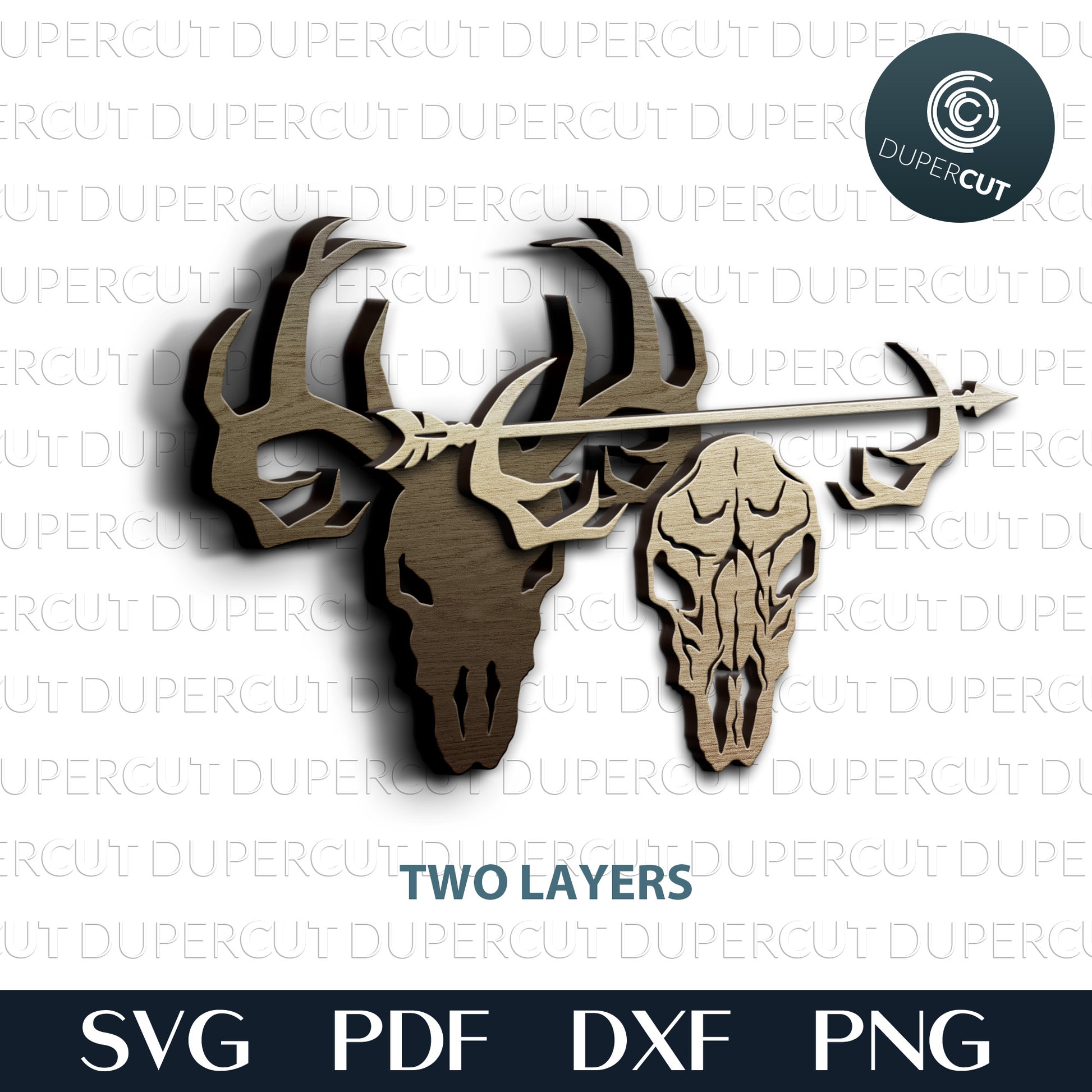 Deer Skull with arrow and antlers - vector layered cutting files SVG PDF DXF template for Glowforge, Cricut, Silhouette Cameo, CNC plasma machines