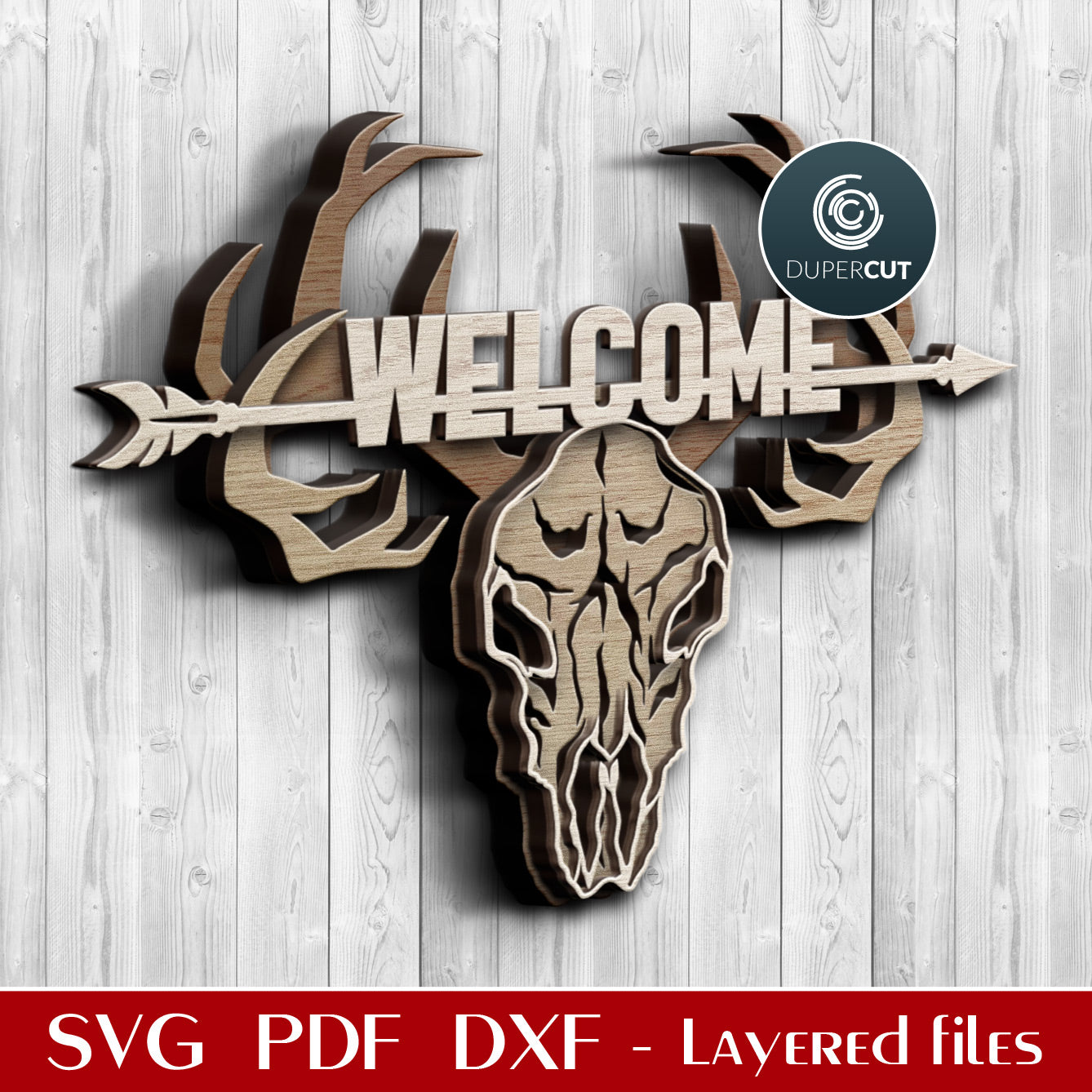 Deer skull multi layer template - SVG PDF DXF laser cutting files for Glowforge, Cricut, Silhouette Cameo, CNC plasma machines by DuperCut
