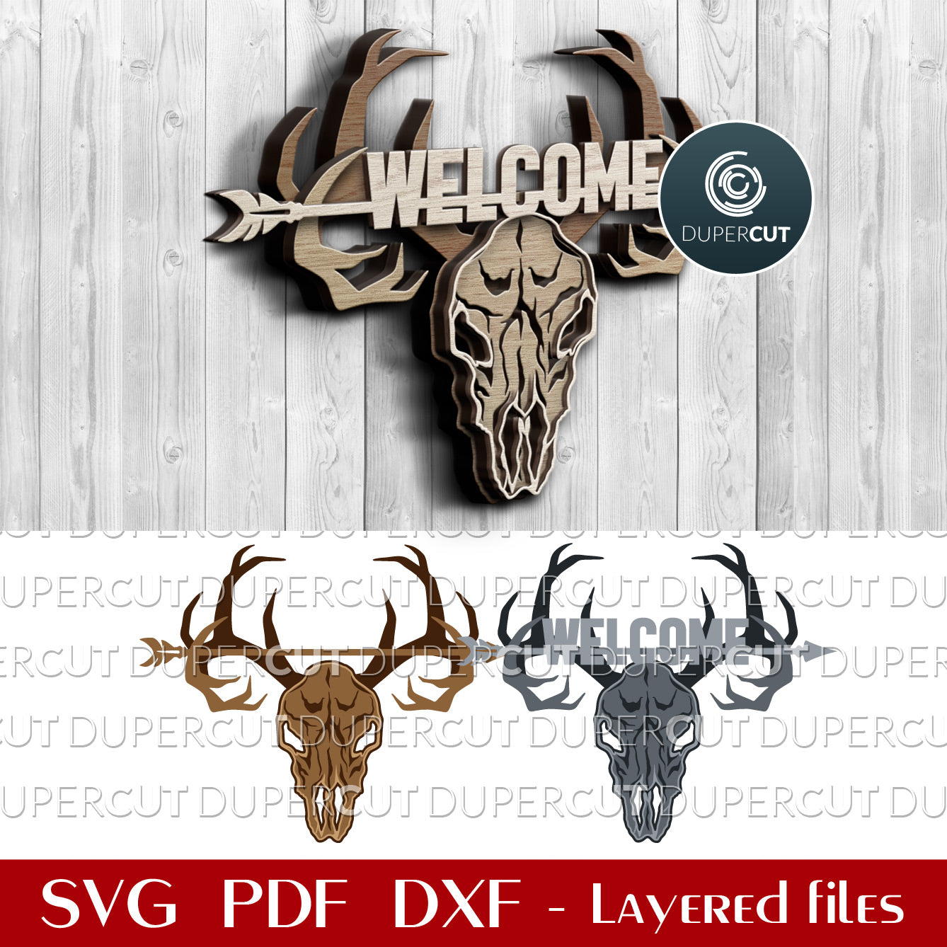 Layered deer skull welcome sign - SVG PDF DXF laser cutting files for Glowforge, Cricut, Silhouette Cameo, CNC plasma machines by DuperCut