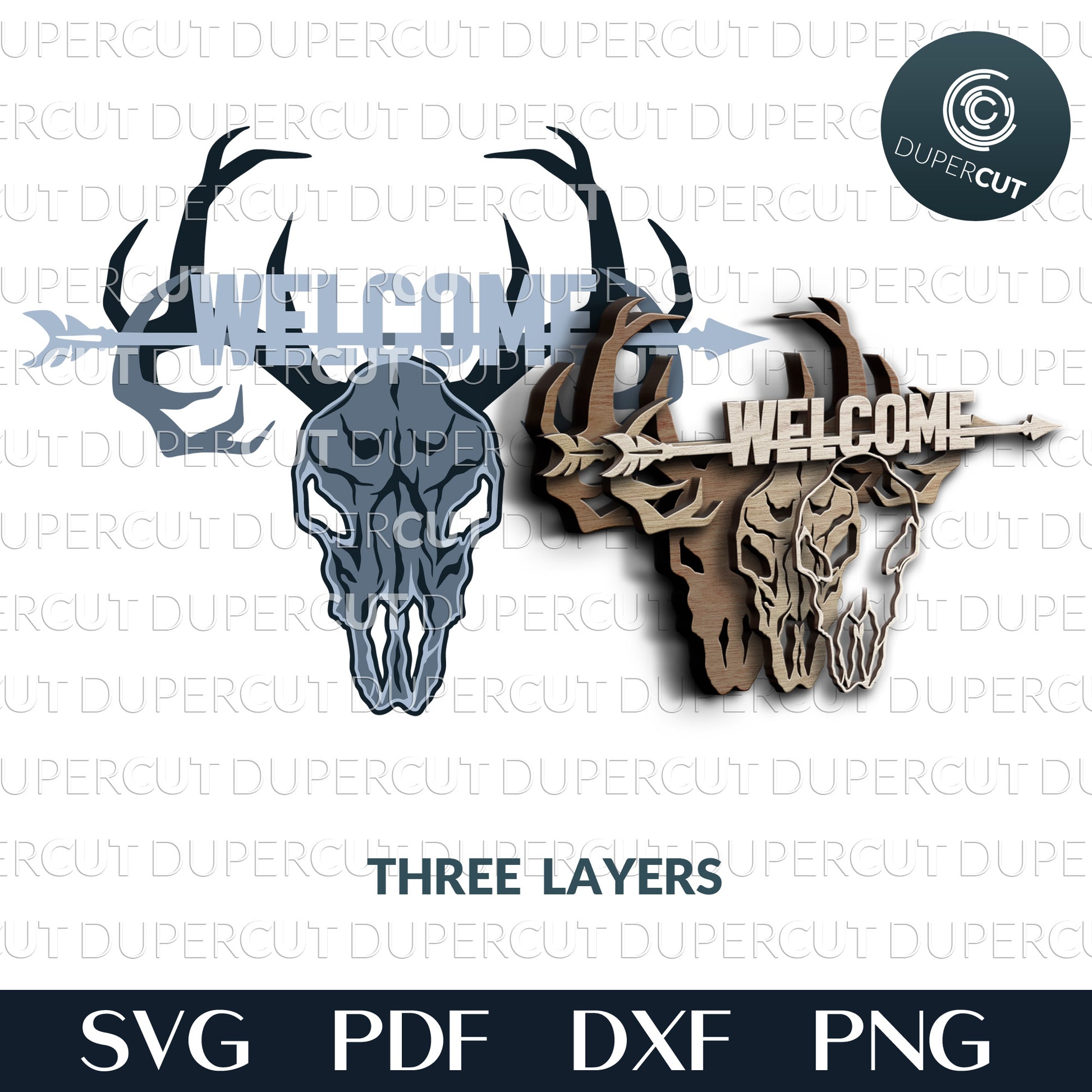 Deer skull welcome sign - Hunting cabin decoration - SVG PDF DXF laser cutting files for Glowforge, Cricut, Silhouette Cameo, CNC plasma machines by DuperCut