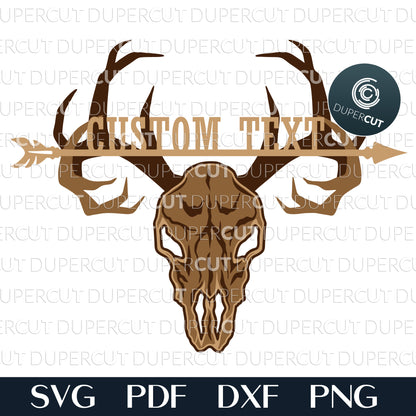 Layered deer skull personalized sign - SVG PDF DXF laser cutting files for Glowforge, Cricut, Silhouette Cameo, CNC plasma machines by DuperCut