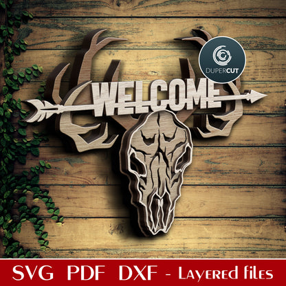 Layered deer skull welcome sign - SVG PDF DXF laser cutting files for Glowforge, Cricut, Silhouette Cameo, CNC plasma machines by DuperCut
