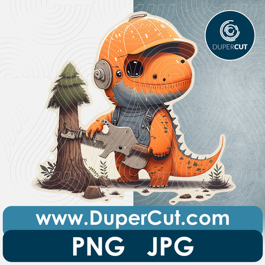Baby dinosaur cutting a tree with transparent background - PNG file sublimation pattern by www.dupercut.com