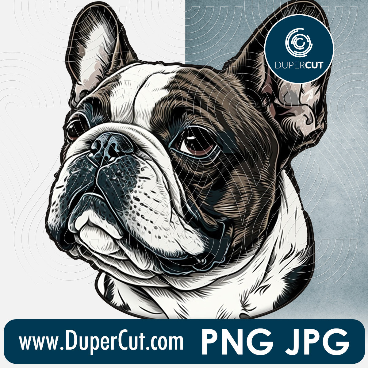 Black and white French Bulldog dog breed high resolution template - JPG PNG sublimation files transparent background by www.DuperCut.com