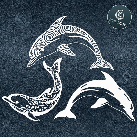 Paper cutting template - swimming decorative dolphins
