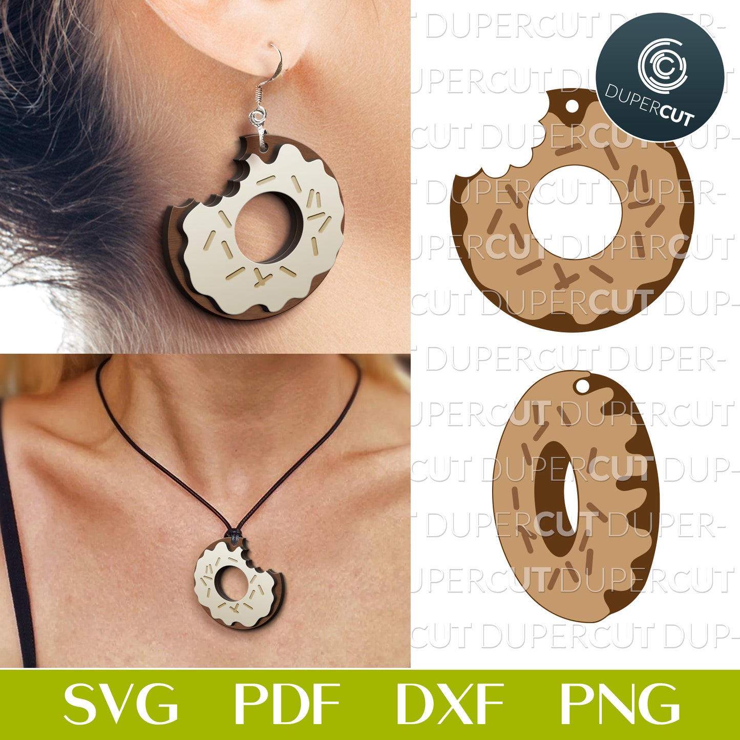 Donut earrings and necklace set - SVG DXF laser cutting files template pattern for Glowforge, Cricut, Silhouette, CNC plasma machines by www.DuperCut.com