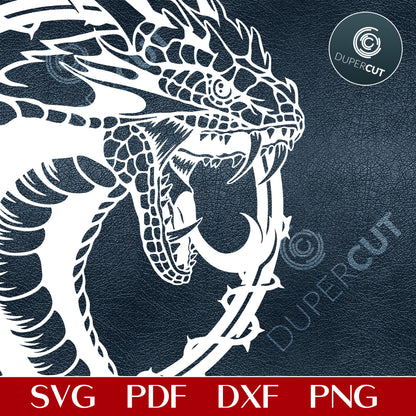 Angry dragon snake - steampunk tattoo illustration - SVG PDF PNG vector files for paper cutting, laser machines, Cricut, Silhouette Cameo, Glowforge