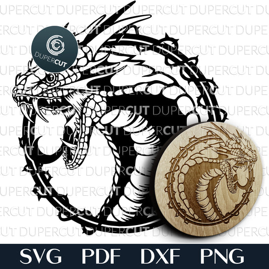 Roaring angry dragon - black and white design - SVG PDF PNG vector files for paper cutting, laser machines, Cricut, Silhouette Cameo, Glowforge