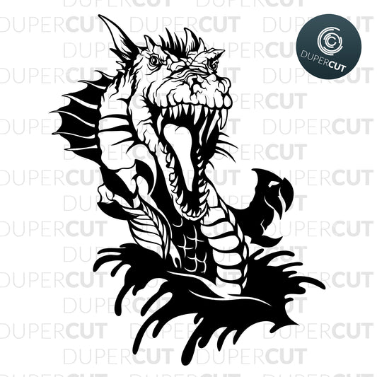 Paper cutting template - Roaring Dragon - Gothic Tattoo Black and White Illustration