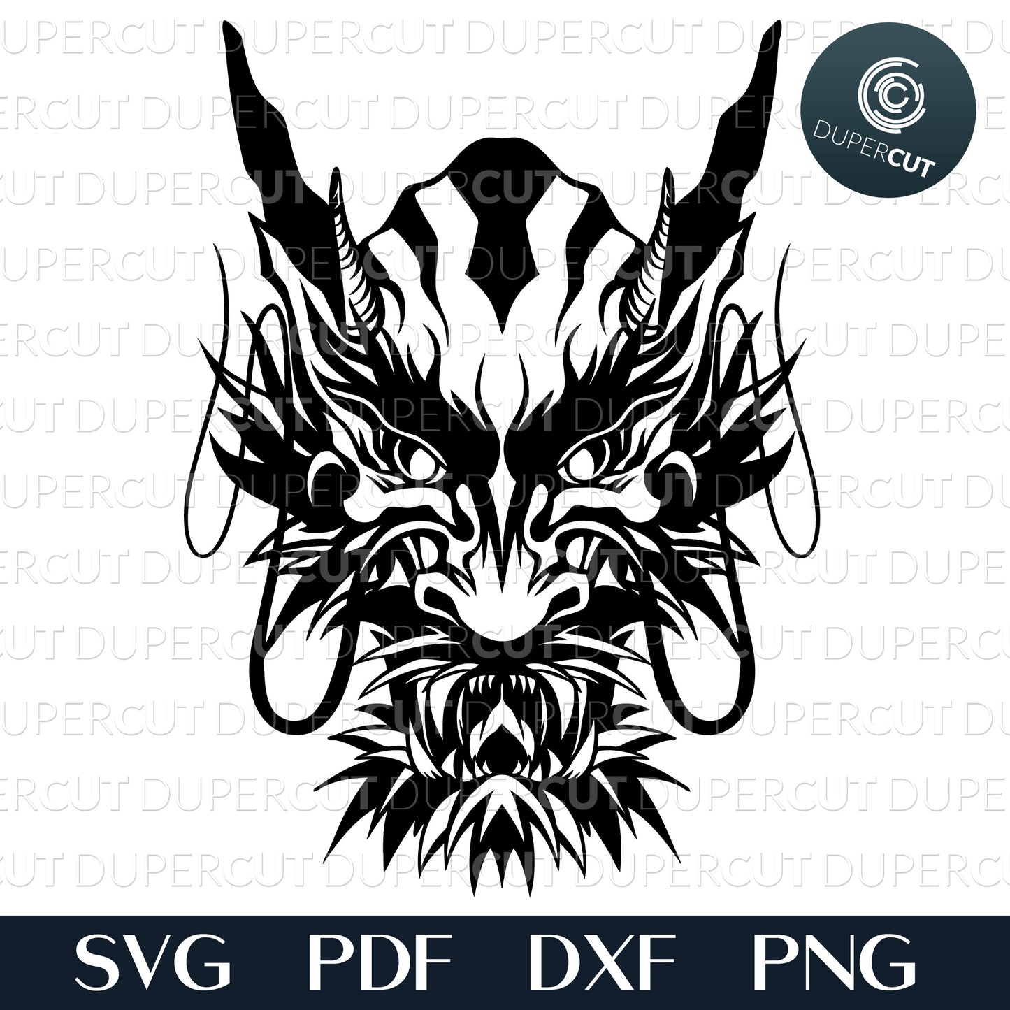 Chinese dragon devil head silhouette. Papercutting template for commercial use. SVG files for Silhouette Cameo, Cricut, Glowforge, DXF for CNC, laser cutting, print on demand