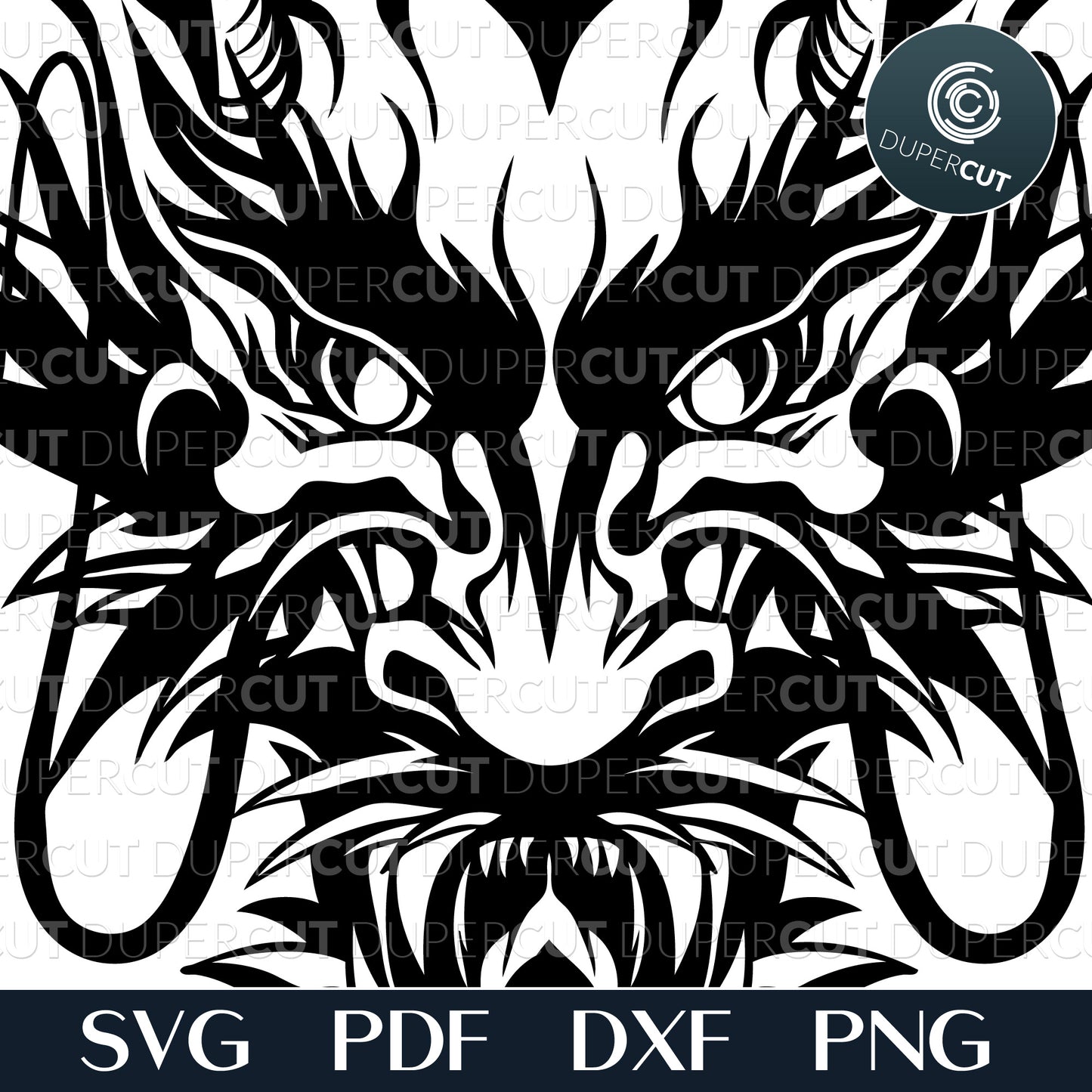 Chinese dragon head. Line art tattoo. Papercutting template for commercial use. SVG files for Silhouette Cameo, Cricut, Glowforge, DXF for CNC, laser cutting, print on demand