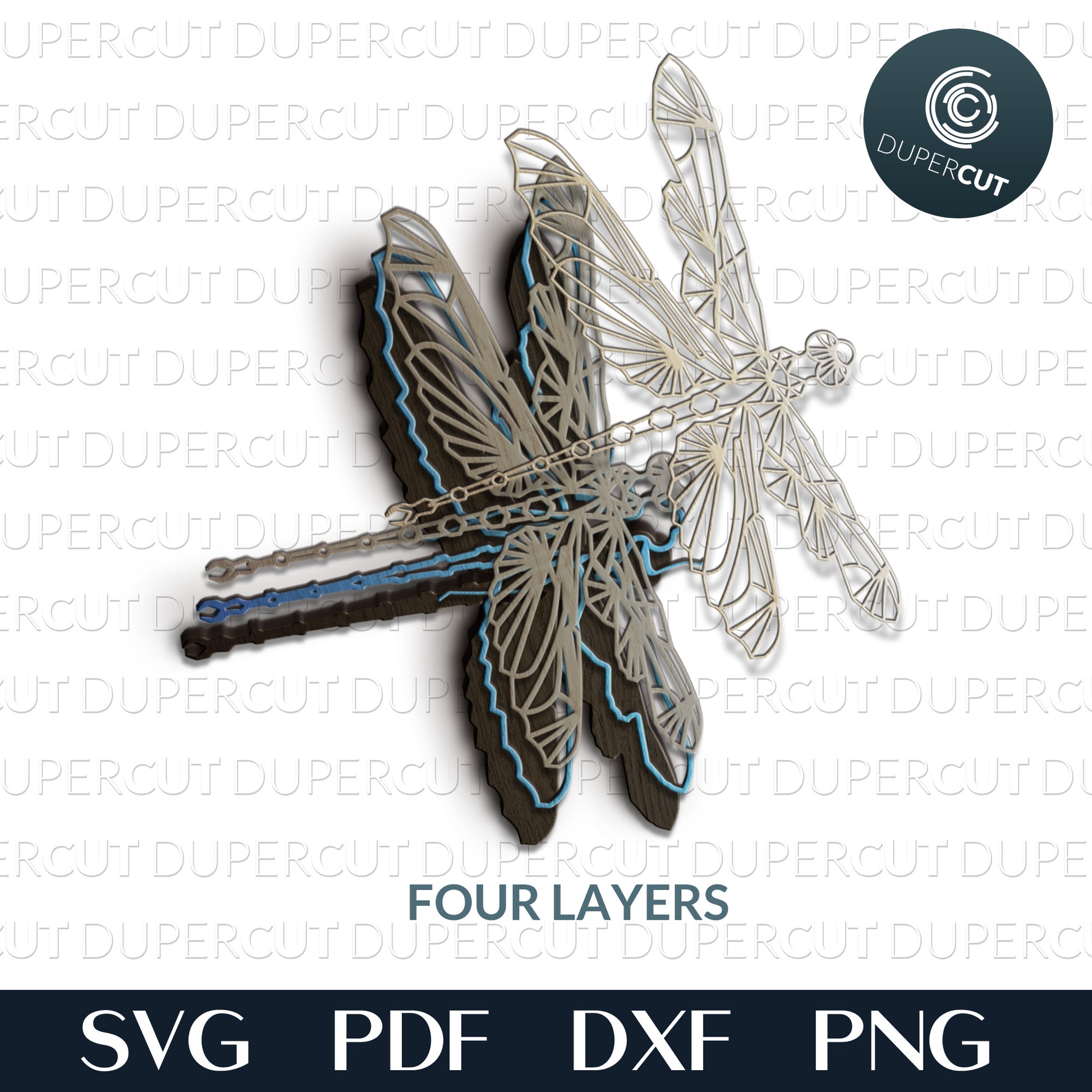 Dragonfly layered vector template for download, SVG PNG DXF files for cutting, laser engraving, scrapbooking. For use with Cricut, Glowforge, Silhouette, CNC machines.