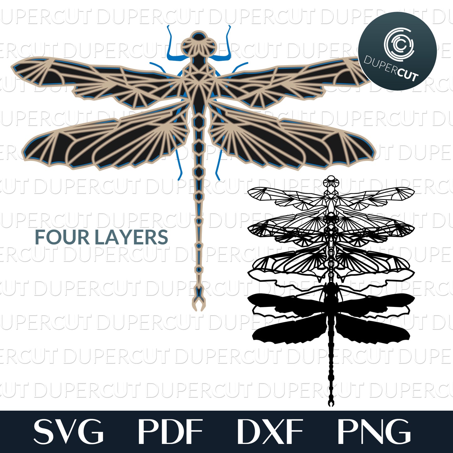 Dragonfly layered laser files, SVG PNG DXF files for cutting, laser engraving, scrapbooking. For use with Cricut, Glowforge, Silhouette, CNC machines.