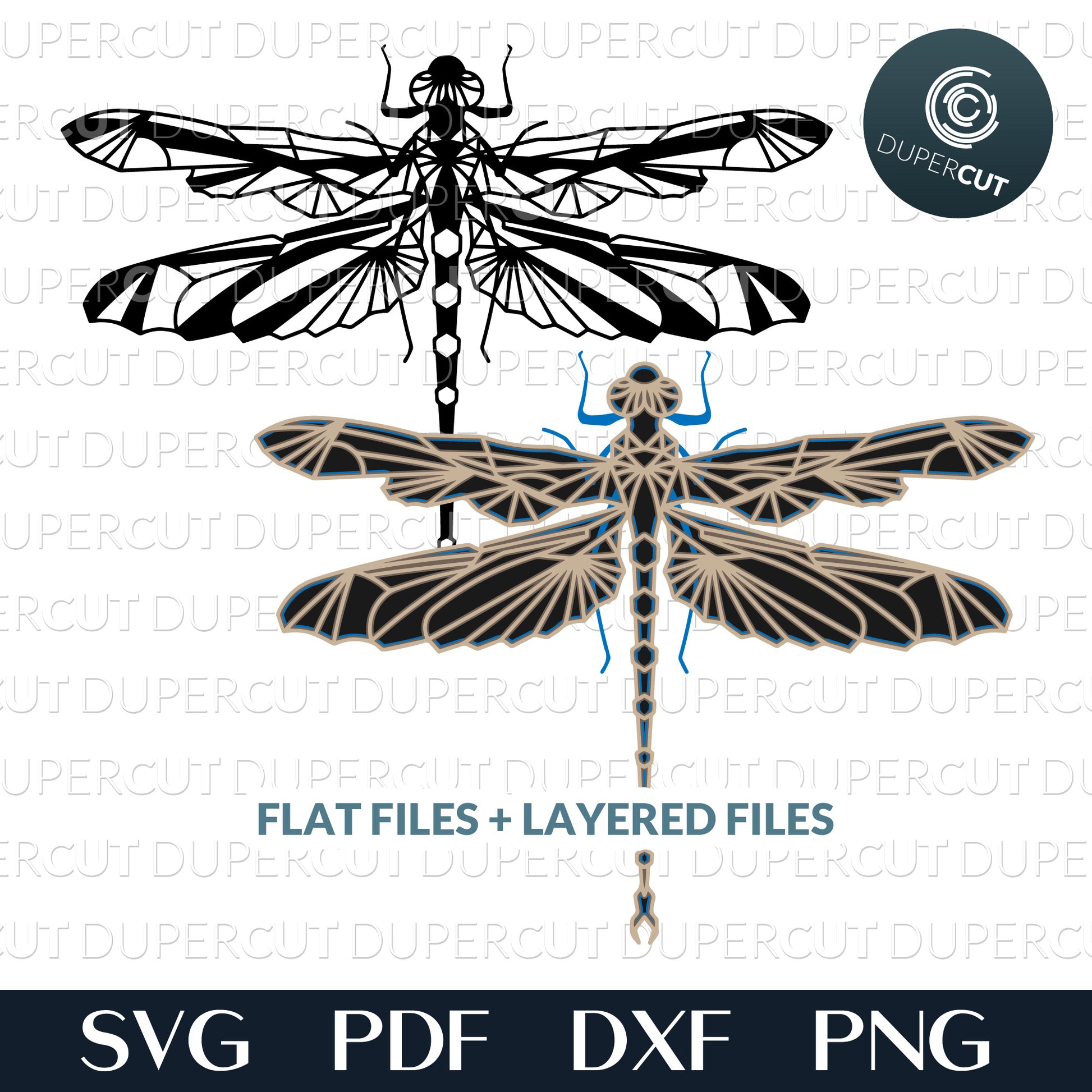Dragonfly silhouette, multi-layer design, SVG PNG DXF files for cutting, laser engraving, scrapbooking. For use with Cricut, Glowforge, Silhouette, CNC machines.