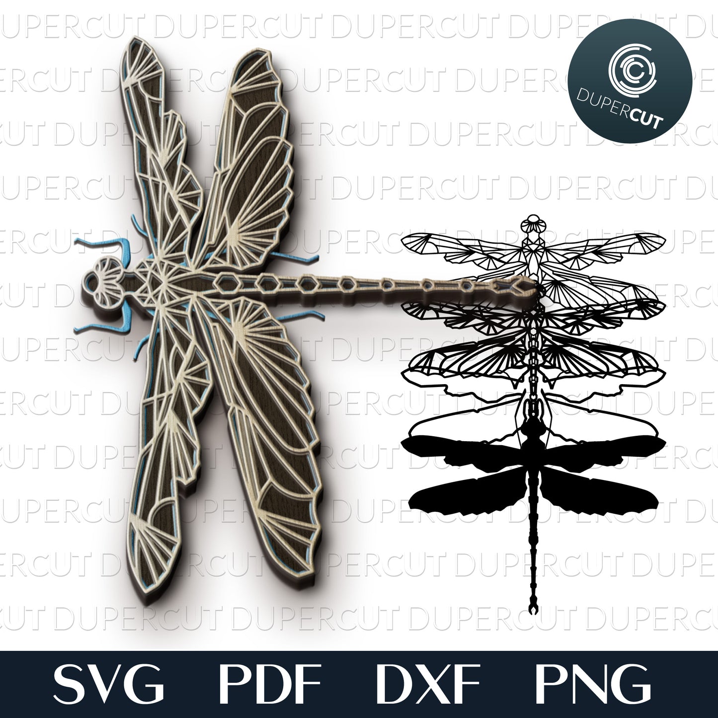 Dragonfly layered laser files, SVG PNG DXF files for cutting, laser engraving, scrapbooking. For use with Cricut, Glowforge, Silhouette, CNC machines.