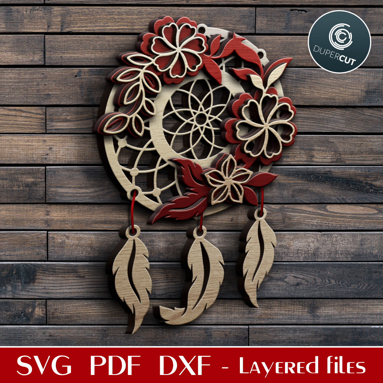 Floral dreamcatcher - layered cutting template - SVG PDF DXF vector files for laser cutting with Glowforge, Cricut, Silhouette Cameo, CNC plasma machines