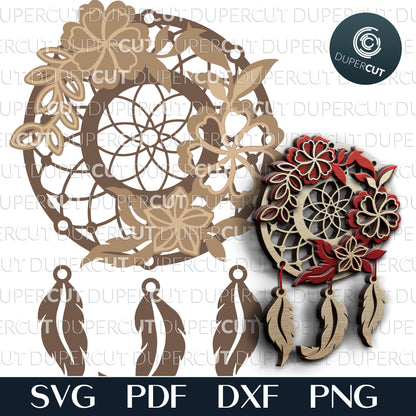 Dreamcatcher with flowers - layered cutting template - SVG PDF DXF vector files for laser cutting with Glowforge, Cricut, Silhouette Cameo, CNC plasma machines