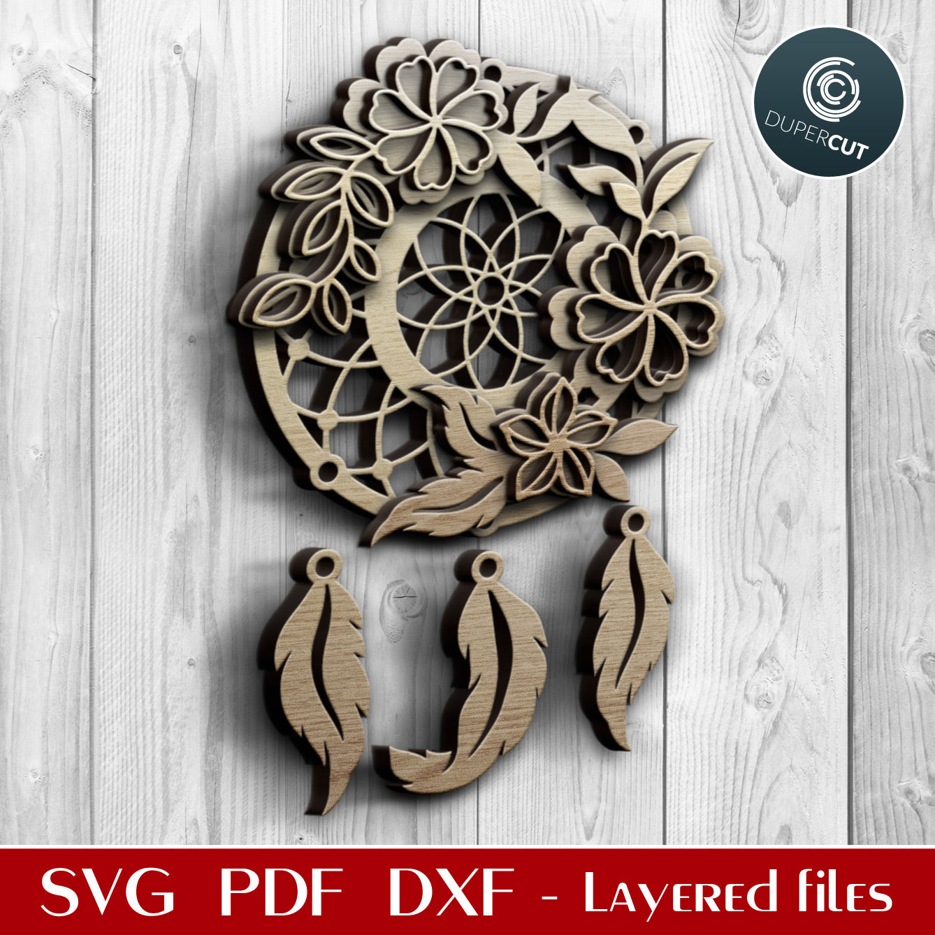 Dreamcatcher with flowers and feathers - layered cutting template - SVG PDF DXF vector files for laser cutting with Glowforge, Cricut, Silhouette Cameo, CNC plasma machines