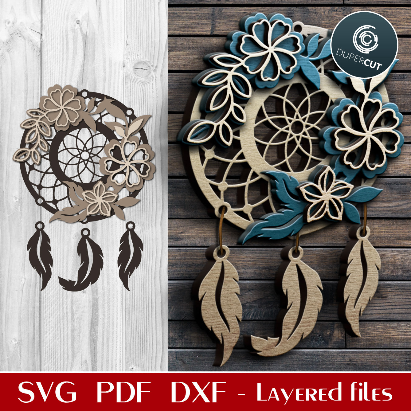 Floral dreamcatcher - layered cutting template - SVG PDF DXF vector files for laser cutting with Glowforge, Cricut, Silhouette Cameo, CNC plasma machines