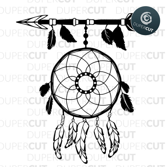 Paper cutting template - Dreamcatcher Vector Files - Black and white silhouette