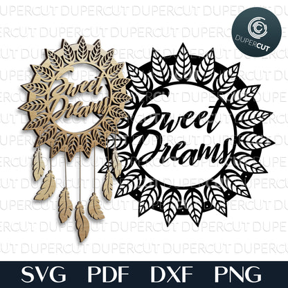 Dreamcatcher sweet dreams sign for baby room. SVG PDF DXF vector files for Glowforge and laser CNC machines.