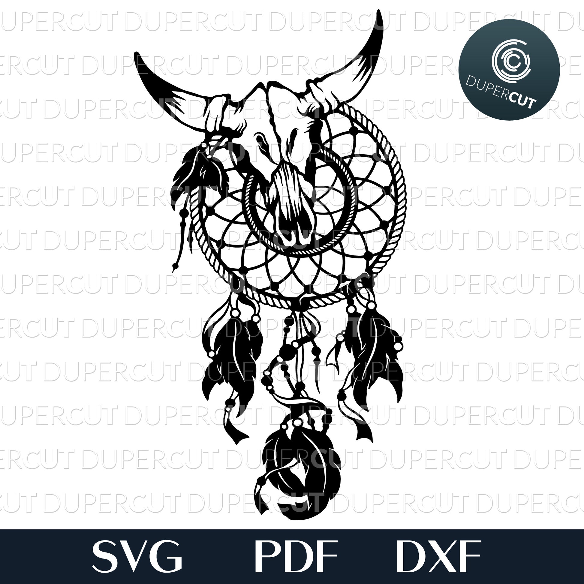 Paper cutting template - Dreamcatcher with cow skull - Native American - feathers headdress