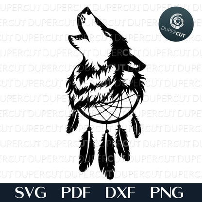Howling Wolf with dreamcatcher, black illustration clipart.. Paper cutting template SVG PNG DXF files. For DIY projects Cricut, Glowforge, Silhouette Cameo, CNC Machines.